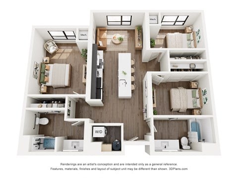 Floor plan for 3 beds, 2 baths, 1150 sqft